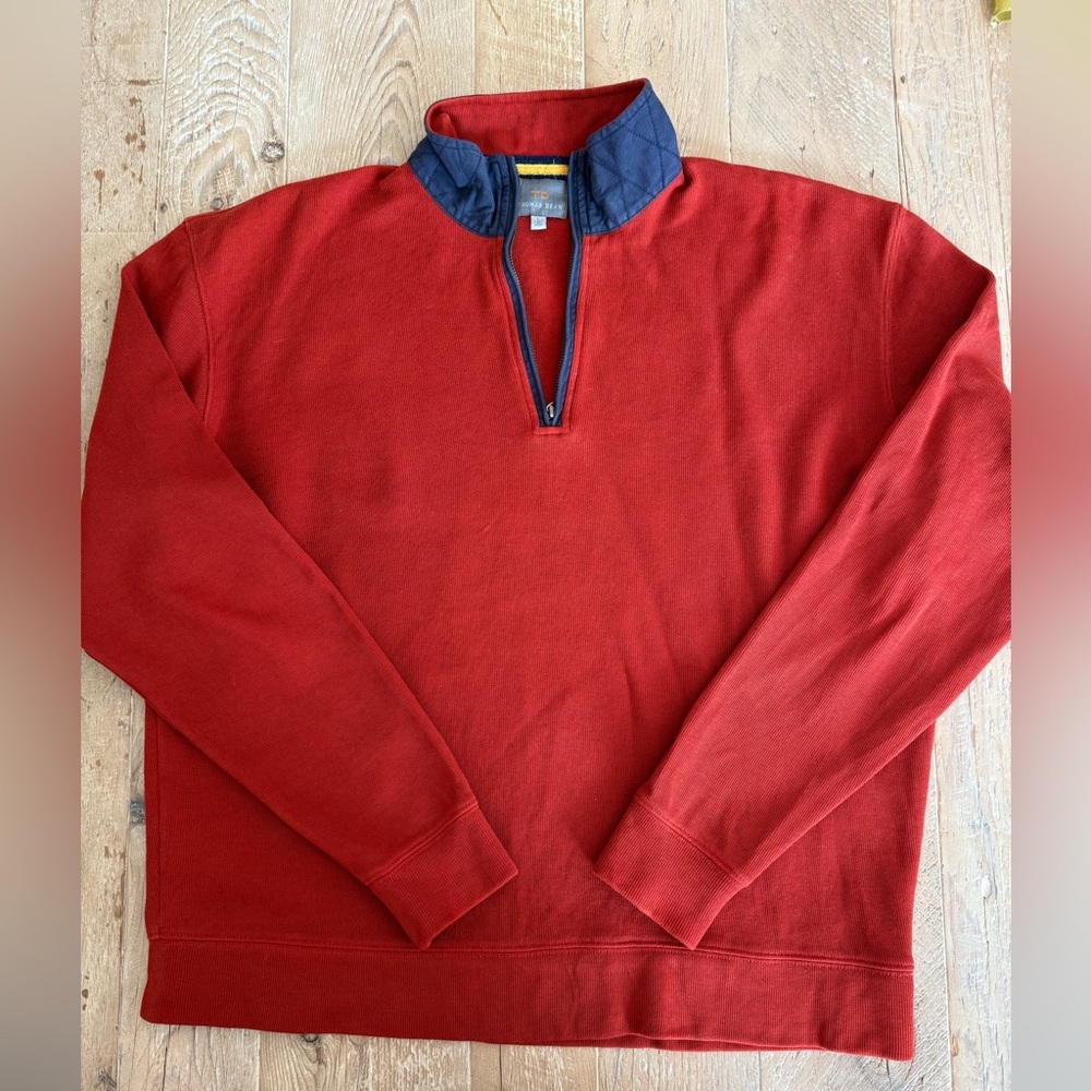 Thomas Dean Red Burnt OrangeZip-Up Sweater with Navy Trim L